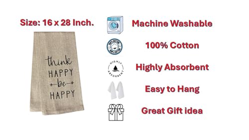 Think Happy be Happy, 2 Pcs Cotton Soft and Absorbent Funny Flour Sack Kitchen Towels Dish Cloths for Home Decor, and Housewarming 15 X 25 Inches.