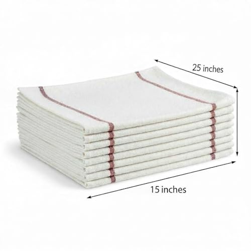 Pack of 18, 100% Cotton White with Red Stripes Kitchen Towels, Tea Towel - Super Absorbent & Quick Dry Tea Towels, Reusable Kitchen Towels - 15”x25”.