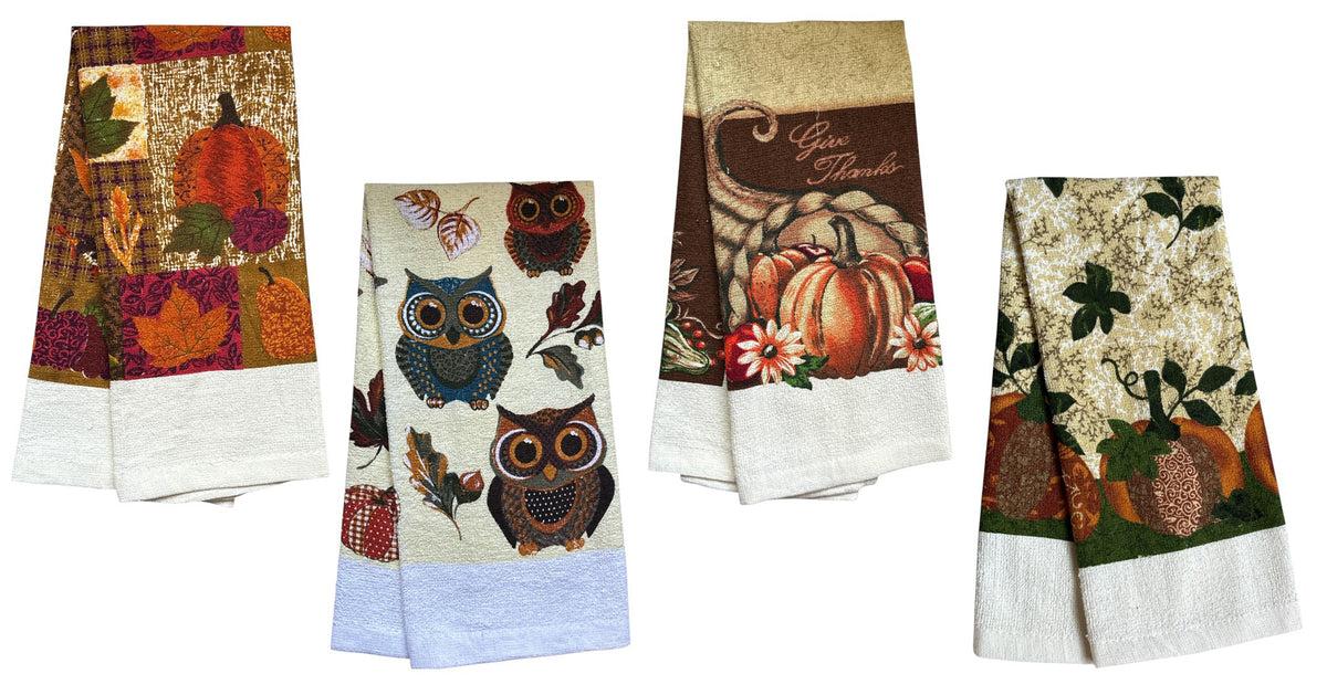 Set of 4, Fall Terry Velour Printed Terry Kitchen Towels Assorted Design Size : 15 X 25 Inches.