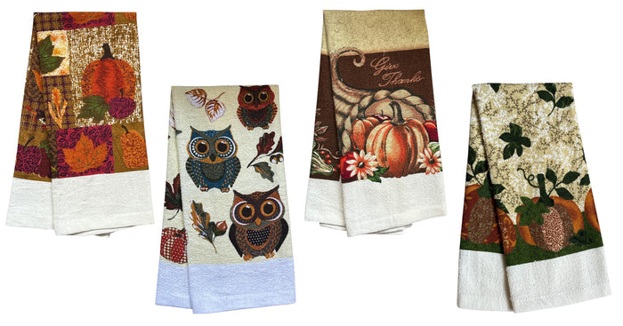 Set of 4, Fall Terry Velour Printed Terry Kitchen Towels Assorted Design Size : 15 X 25 Inches.