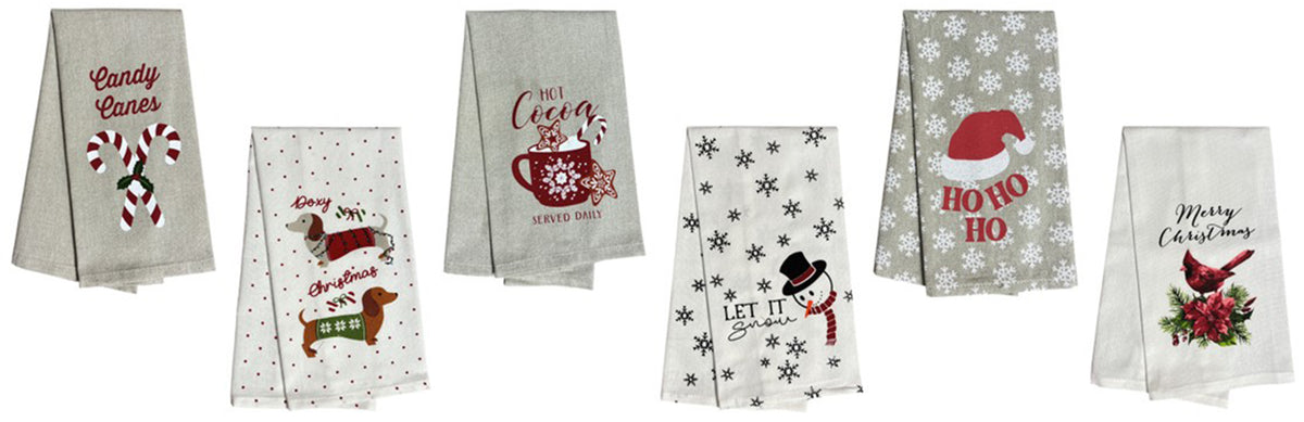 6 Pack Funny Christmas Kitchen Towels - Candy Canes, Hot Cocoa, Ho Ho Ho, Doxy Christmas, Merry Christmas, Let it Snow with Snowflax. Size: 15” x 25".