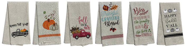 Set of 6, Fall & Harvest Halloween on Dark Linen 100% Cotton Vintage Saying Tea Towels/Kitchen Towel Size: 15” x 25".