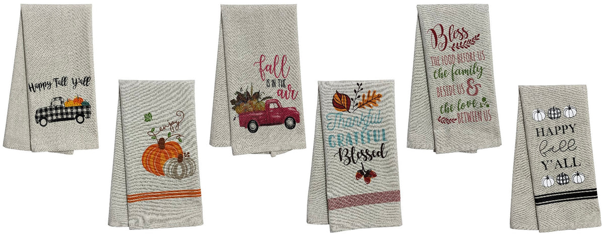 Set of 6, Fall & Harvest Halloween on Dark Linen 100% Cotton Vintage Saying Tea Towels/Kitchen Towel Size: 15” x 25".