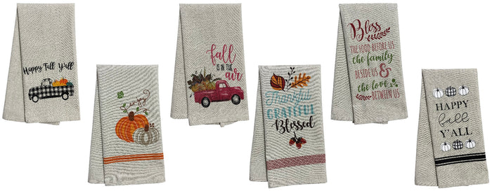 Set of 6, Fall & Harvest Halloween on Dark Linen 100% Cotton Vintage Saying Tea Towels/Kitchen Towel Size: 15” x 25".