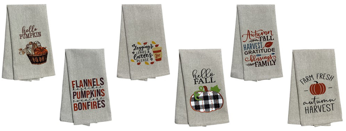 Set of 6, Fall & Harvest Halloween on Dark Linen 100% Cotton Vintage Saying Tea Towels/Kitchen Towel Size: 15” x 25".