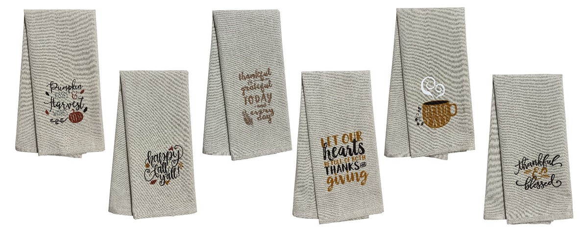 Set of 6, Fall & Harvest Halloween on Tan Linen 100% Cotton Vintage Saying Tea Towels/Kitchen Towel Size: 15” x 25".