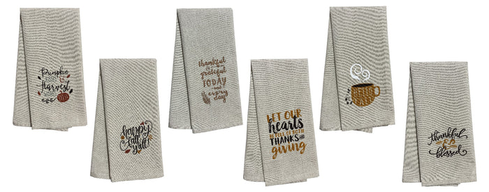 Set of 6, Fall & Harvest Halloween on Tan Linen 100% Cotton Vintage Saying Tea Towels/Kitchen Towel Size: 15” x 25".