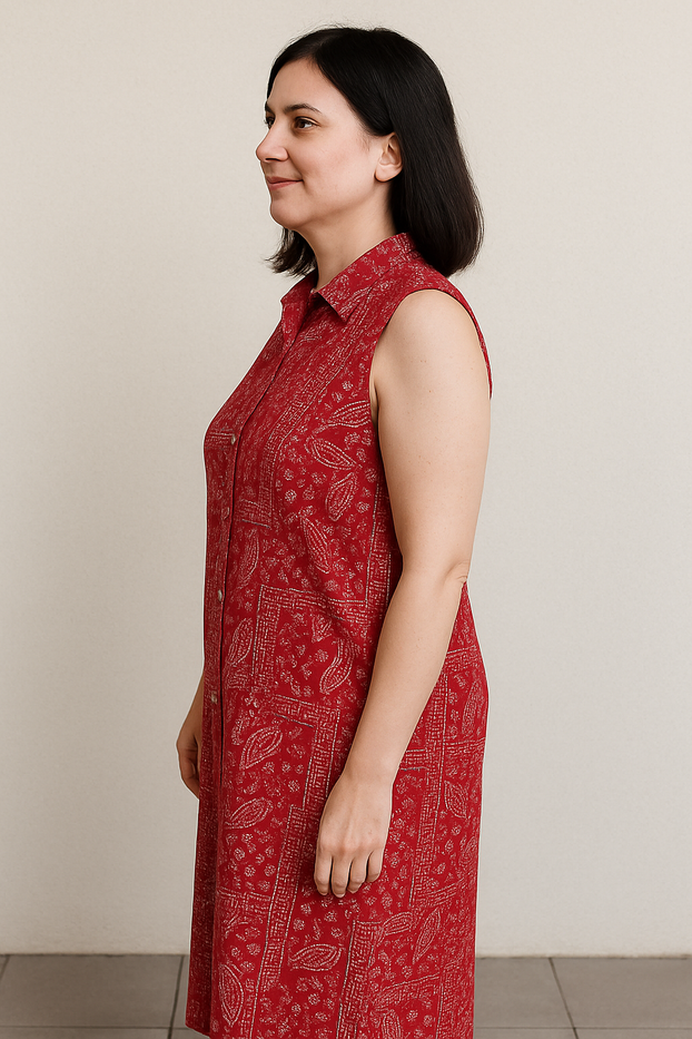 Red Paisley Pattern Sleeveless Neckline collared and relaxed fit maxi dress.
