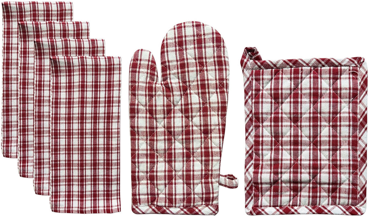 Buffalo Plaid 100% Cotton Non-Slip, Heat-Resistant Set of 6 Kitchen Linen Set, Includes 4 Kitchen Towels, Oven mitt, Pot Holder.