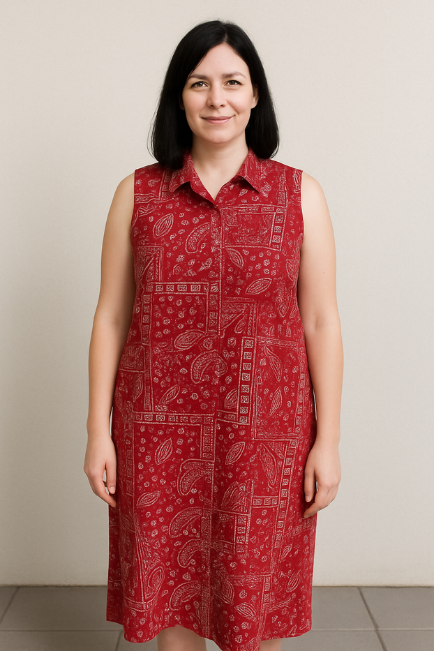 Red Paisley Pattern Sleeveless Neckline collared and relaxed fit maxi dress.