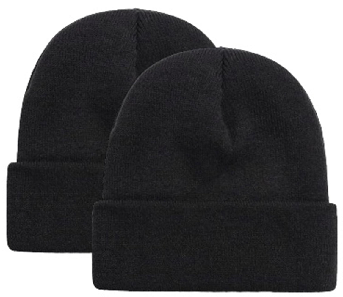 2 Pack, Unisex Cuffed Plain Warm Knit Beanie Hat, Cap, Extra Warm & Comfort - One Size fits Most.