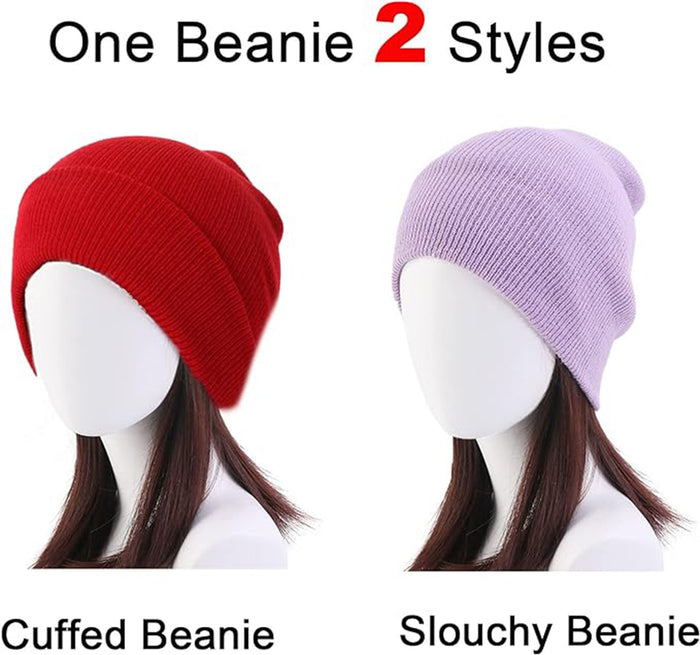 2 Pack, Unisex Cuffed Plain Warm Knit Beanie Hat, Cap, Extra Warm & Comfort - One Size fits Most.