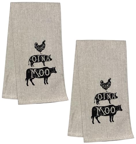 Cluck Oink Moo Chicken Pig Cow Farmhouse Vintage 2 Pcs Flour Sack Kitchen Towels for Home Decor, and Housewarming 15 X 25 Inches.