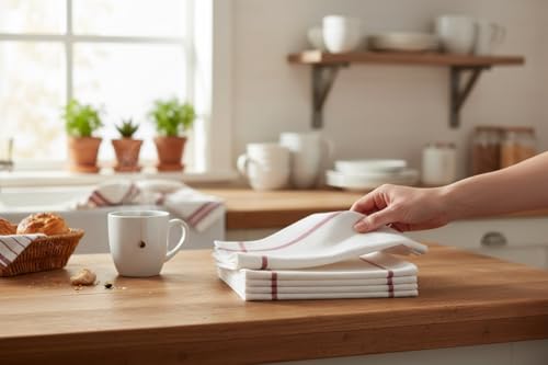 Pack of 18, 100% Cotton White with Red Stripes Kitchen Towels, Tea Towel - Super Absorbent & Quick Dry Tea Towels, Reusable Kitchen Towels - 15”x25”.