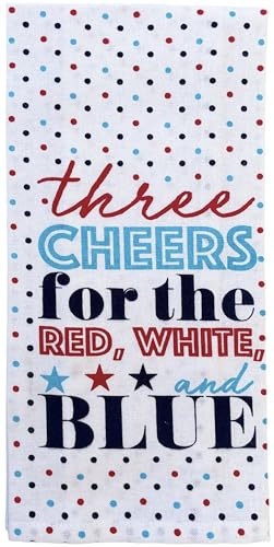 Set of 4, 100% Cotton Americana Theme Design Quilted Hanging Loop Kitchen Sets with Three Cheers for The Red, White, Blue Include 2 Kitchen Towels, Pot Holder & Oven mitt.