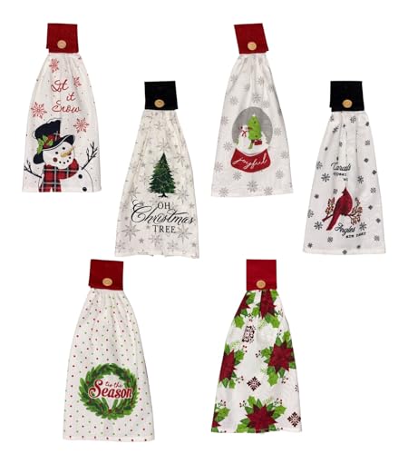 Set of 6, Christmas Tie Kitchen Towels 100% Cotton, Snowman Happy Holiday Wishes, Cardinal, Red Poinsettia Flower, Believe in The Magic of Christmas.Size: 16" x 18" x 3.5". (Design A)