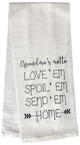 Grandma's Motto Love ' em Spoil ' em, Senp 'em Home, 2 Pcs Cotton Soft and Absorbent Funny Flour Sack Kitchen Towels Dish Cloths for Home Decor, and Housewarming 16 X 28 Inches.