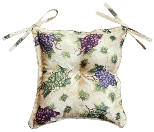 Thick Reversible Grapes Design Square Kitchen Chair Pads for Dining Chair, Set of 4, Soft and Comfortable Seat Cushions with Ties to be Secured to a Chair. Size: 18 x 18 Inches