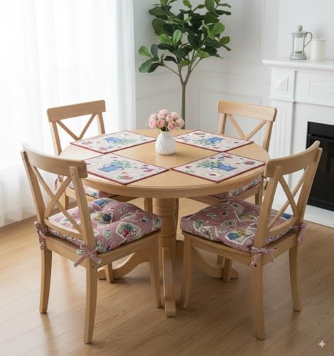 Thick Reversible Gingham Pattern with Planter, Rooster, and Leaf Design Kitchen Chair Pads for Dining Chair, Set of 4, Soft and Comfortable Seat Cushions with Ties to be Secured to a Chair.