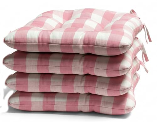 Thick Reversible Kitchen Chair Pads for Dining Chair, Set of 4, Soft and Comfortable Seat Cushions with Ties to be Secured to a Chair. (Pink Plaid)