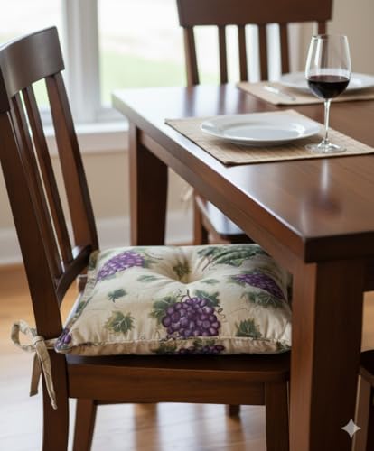 Thick Reversible Grapes Design Square Kitchen Chair Pads for Dining Chair, Set of 4, Soft and Comfortable Seat Cushions with Ties to be Secured to a Chair. Size: 18 x 18 Inches