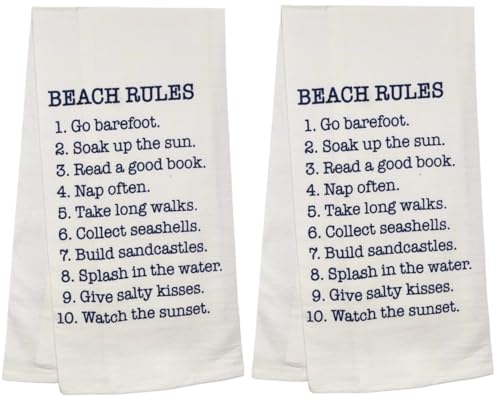 Beach Rules Set of 2, 100% Cotton Funny Quotes Flour Sacks Kitchen Towels/Tea Towels Size: 20 x 30 Inch.