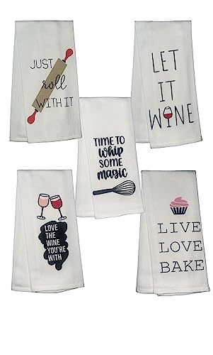 5 Pcs 100% Cotton Funny Quote Herringbone Pattern Flour Sack Kitchen Towels Dish Towels/Dishcloths for Housewarming Gifts Size: 16 x 28 Inch