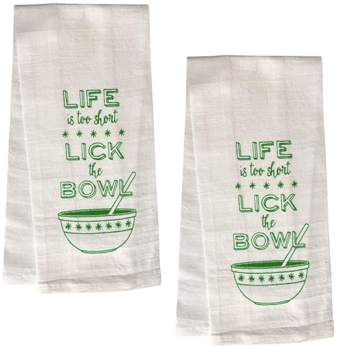 Life is Too Short Lick The Bowl, 2 Pcs Cotton Soft and Absorbent Funny Flour Sack Kitchen Towels Dish Cloths for Home Decor, and Housewarming 16 X 28 Inches.