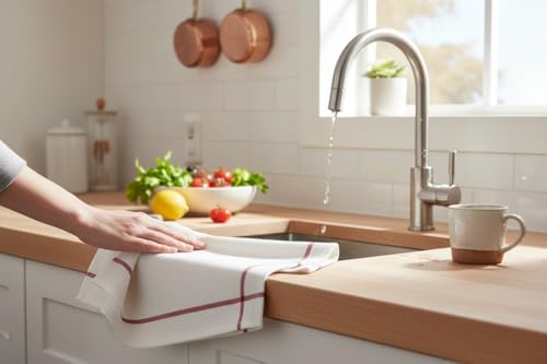 Pack of 18, 100% Cotton White with Red Stripes Kitchen Towels, Tea Towel - Super Absorbent & Quick Dry Tea Towels, Reusable Kitchen Towels - 15”x25”.