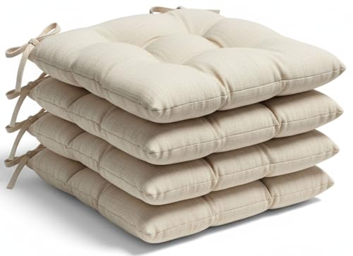 Thick Reversible Kitchen Chair Pads for Dining Chair, Set of 4, Soft and Comfortable Seat Cushions with Ties to be Secured to a Chair. (Beige)