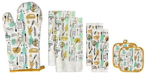 Cooking Kitchen Utensils Design 100% Cotton Printed Kitchen Linen Set of 7, 2 Kitchen Towels, 2 Dish cloths, 2 Pot Holder, 1 Oven mitt, Non Slip, Washable, and Heat Resistant. (Utensils)