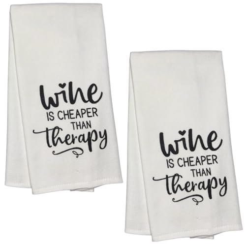 Wine is Cheaper Than Therapy, Two-Piece Cotton Funny Quotes Flour Sacks Kitchen Towel/Tea Towel are Soft and Absorbent, with a Hanging Loop Size 16 X 26 Inches.