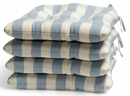 Thick Reversible Kitchen Chair Pads for Dining Chair, Set of 4, Soft and Comfortable Seat Cushions with Ties to be Secured to a Chair. (Blue Stripes)