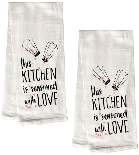 This Kitchen is Seasoned with Love, 2 Pcs Cotton Soft and Absorbent Funny Flour Sack Kitchen Towels Dish Cloths for Home Decor, and Housewarming 16 X 28 Inches.