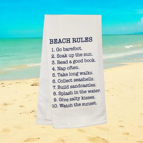 Beach Rules Set of 2, 100% Cotton Funny Quotes Flour Sacks Kitchen Towels/Tea Towels Size: 20 x 30 Inch.