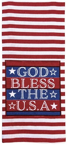 Set of 4, 100% Cotton Americana Theme Design Quilted Hanging Loop Kitchen Sets with God Bless The USA Include 2 Kitchen Towels, Potholder & Oven mitt.