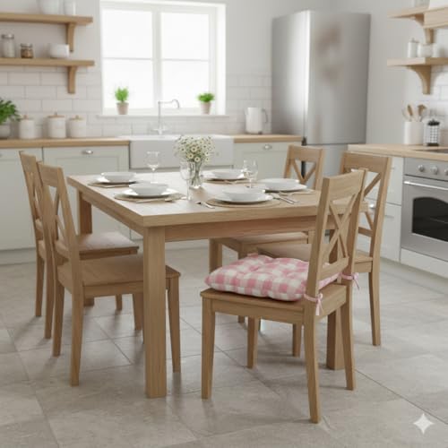 Thick Reversible Kitchen Chair Pads for Dining Chair, Set of 4, Soft and Comfortable Seat Cushions with Ties to be Secured to a Chair. (Pink Plaid)