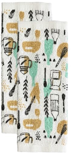 Cooking Kitchen Utensils Design 100% Cotton Printed Kitchen Linen Set of 7, 2 Kitchen Towels, 2 Dish cloths, 2 Pot Holder, 1 Oven mitt, Non Slip, Washable, and Heat Resistant. (Utensils)