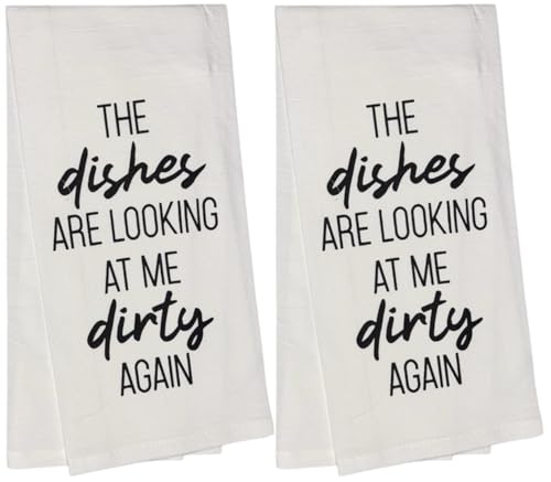 The Dishes are Looking at me Dirty Again. Set of 2, Flour Sacks Kitchen Towels Size: 20 x 30 Inch.