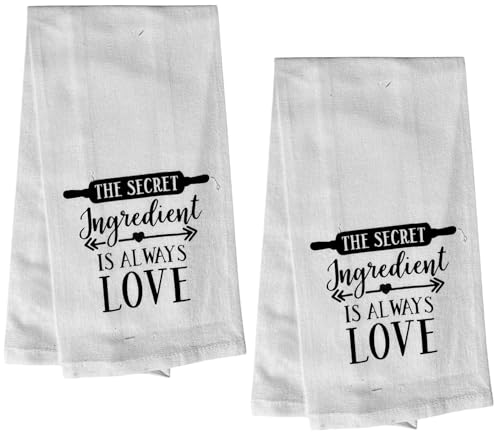 The Secret Ingredient is Always Love, 2 Pcs Cotton Soft and Absorbent Funny Flour Sack Kitchen Towels Dish Cloths for Home Decor, and Housewarming 15 X 25 Inches.