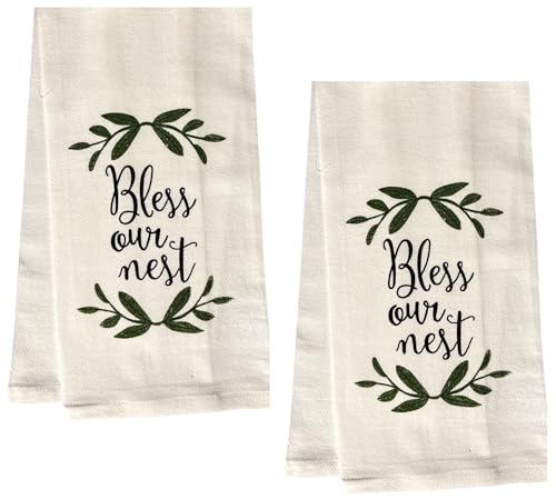 Bless Our Nest, 2 Pcs Cotton Soft and Absorbent Funny Flour Sack Kitchen Towels Dish Cloths for Home Decor, and Housewarming 16 X 28 Inches.