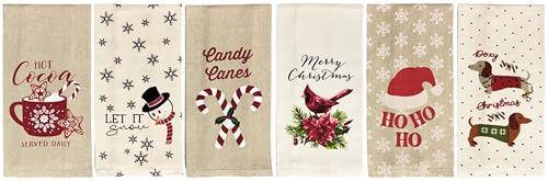 6 Pack Funny Christmas Kitchen Towels - Candy Canes, Hot Cocoa, Ho Ho Ho, Doxy Christmas, Merry Christmas, Let it Snow with Snowflax. Size: 15” x 25".