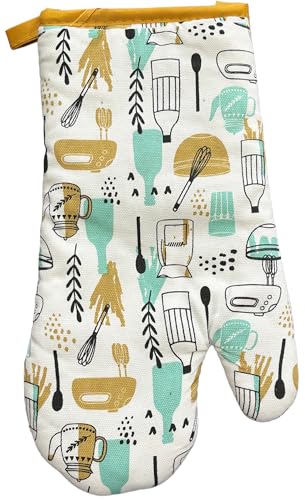 Cooking Kitchen Utensils Design 100% Cotton Printed Kitchen Linen Set of 7, 2 Kitchen Towels, 2 Dish cloths, 2 Pot Holder, 1 Oven mitt, Non Slip, Washable, and Heat Resistant. (Utensils)