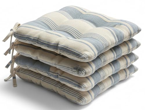 Thick Reversible Kitchen Chair Pads for Dining Chair, Set of 4, Soft and Comfortable Seat Cushions with Ties to be Secured to a Chair. (Blue Stripes)