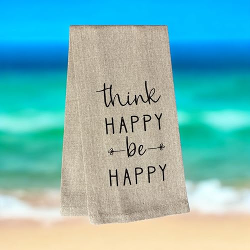 Think Happy be Happy, 2 Pcs Cotton Soft and Absorbent Funny Flour Sack Kitchen Towels Dish Cloths for Home Decor, and Housewarming 15 X 25 Inches.