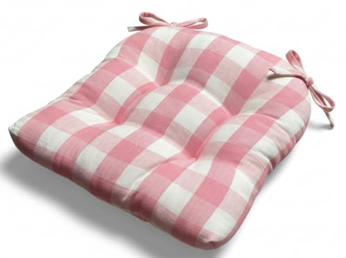 Thick Reversible Kitchen Chair Pads for Dining Chair, Set of 4, Soft and Comfortable Seat Cushions with Ties to be Secured to a Chair. (Pink Plaid)
