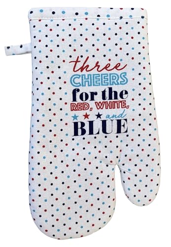 Set of 4, 100% Cotton Americana Theme Design Quilted Hanging Loop Kitchen Sets with Three Cheers for The Red, White, Blue Include 2 Kitchen Towels, Pot Holder & Oven mitt.