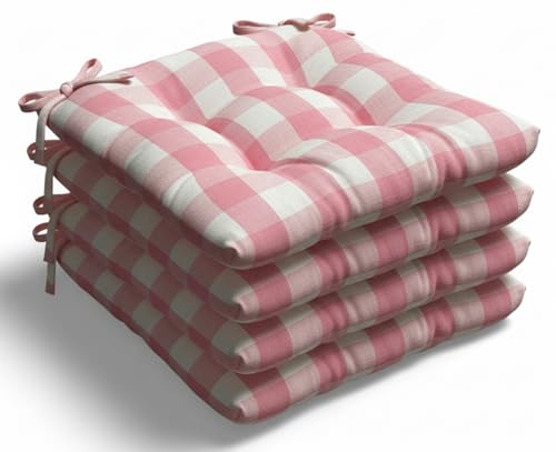 Thick Reversible Kitchen Chair Pads for Dining Chair, Set of 4, Soft and Comfortable Seat Cushions with Ties to be Secured to a Chair. (Pink Plaid)