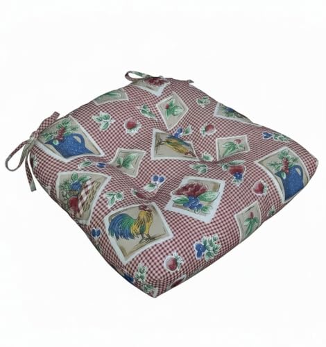 Thick Reversible Gingham Pattern with Planter, Rooster, and Leaf Design Kitchen Chair Pads for Dining Chair, Set of 4, Soft and Comfortable Seat Cushions with Ties to be Secured to a Chair.