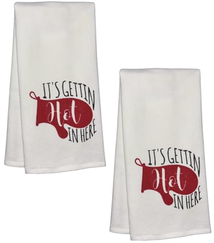 It's Gettin hot in here, Two-Piece Cotton Funny Quotes Flour Sacks Kitchen Towel/Tea Towel are Soft and Absorbent, with a Hanging Loop Size 16 X 26 Inches.